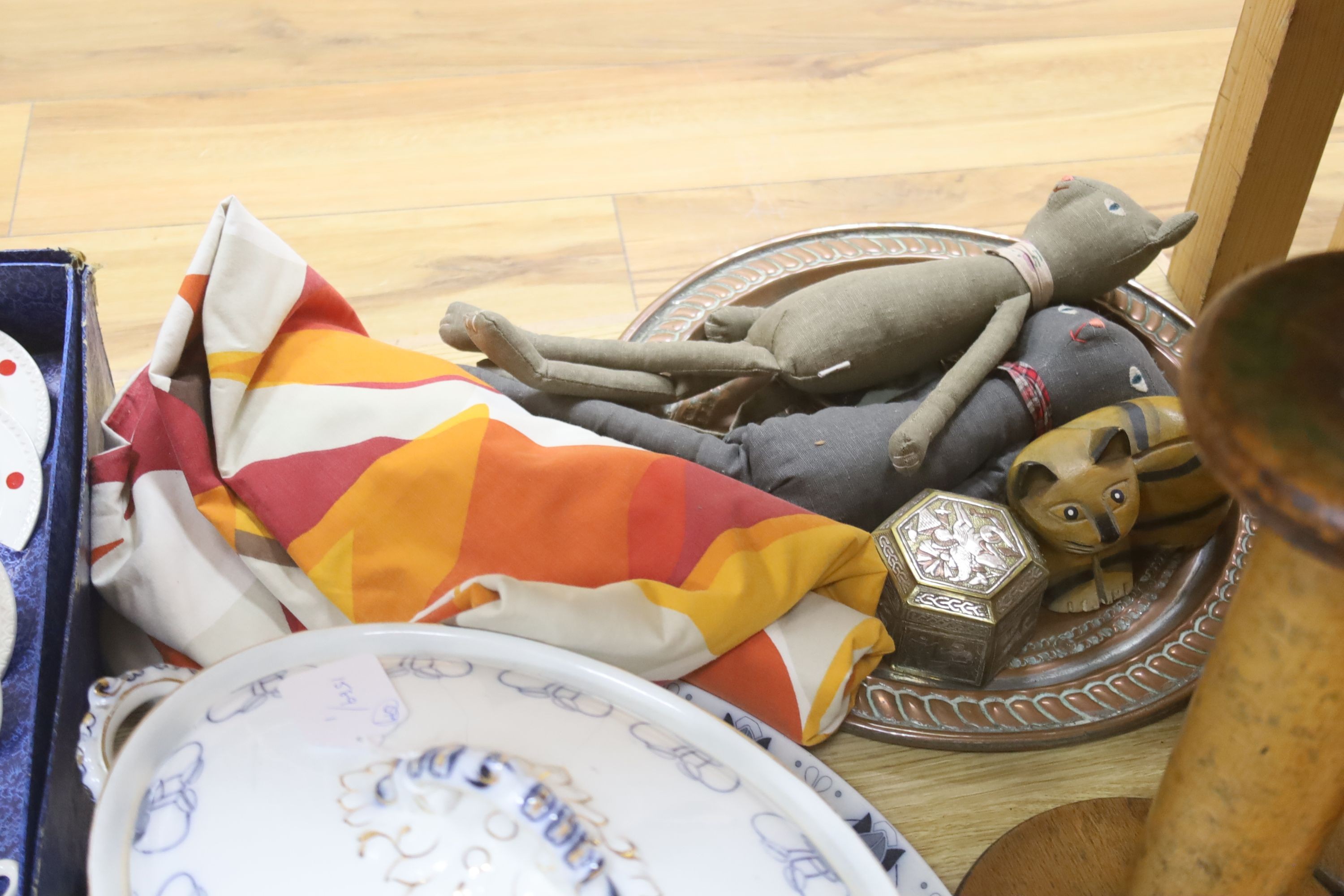 A childs 1960's tea set, blue and white tureen stand, Religious carving, 1960's/70's fabric and Venetian vase etc